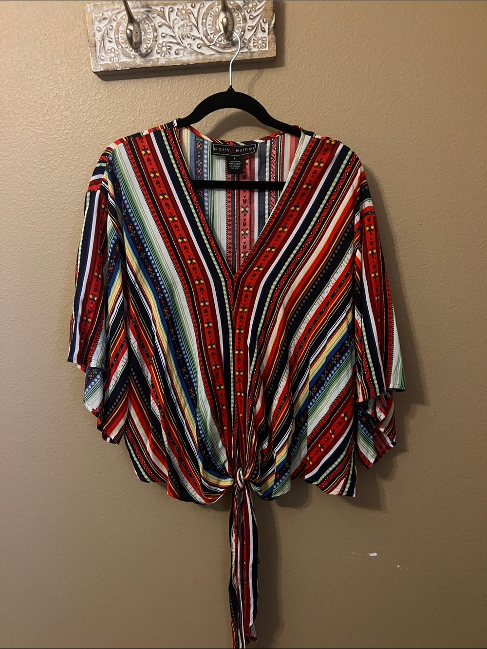 Red Multi-Stripe Tie-Front Blouse by Polly & Esther